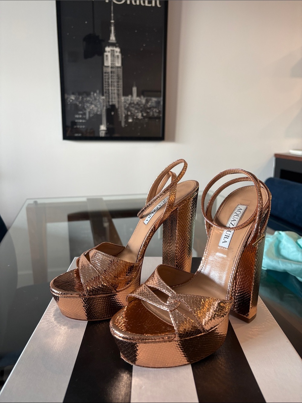 Aquazzura Rose Gold Metallic Platform Sandals